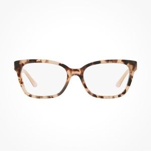 TORY BURCH tortoise frame and blush arm glasses.